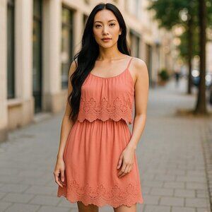 Trixxi Coral Pink Open Back Tiered Dress M NWT Embroidery Adjustable Straps